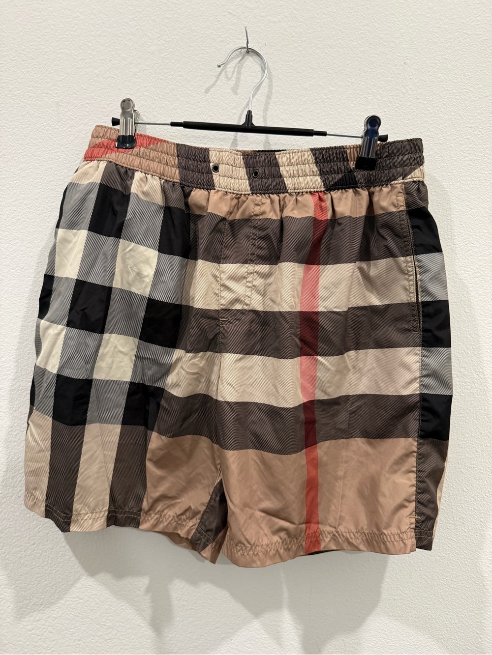Burberry Men's Check Swim Shorts Beige/Black/Red Elastic Waist Pockets size M